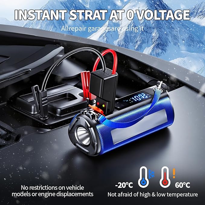 Jump Starter with Air Compressor,2500A car battery Jump starter,12V car booster jumper cable kit,Car Charger 150PSI portable tire inflator,battery charger,multi-function LED outdoor emergency lighting