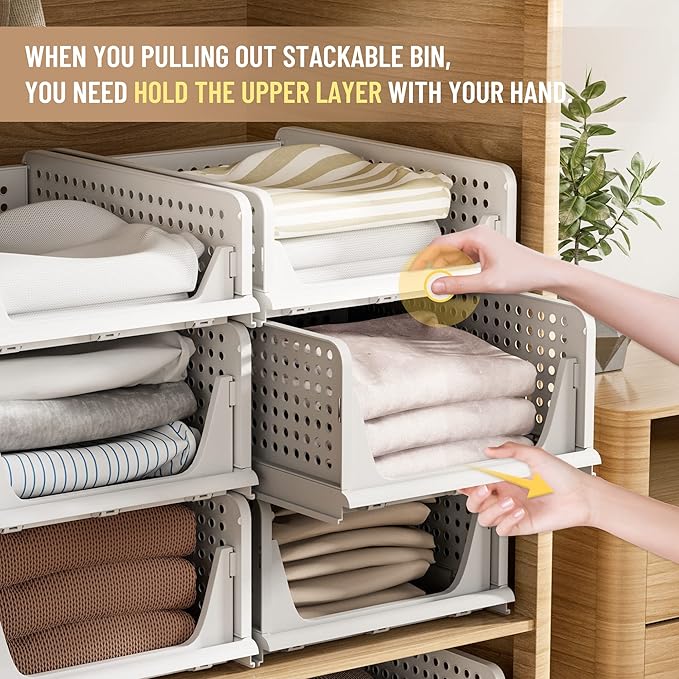 Pinkpum 6 Pack Closet Organizers Storage Bins, Stackable Plastic Drawer Basket for Clothing, Stackable Storage Bins Shelf Sto