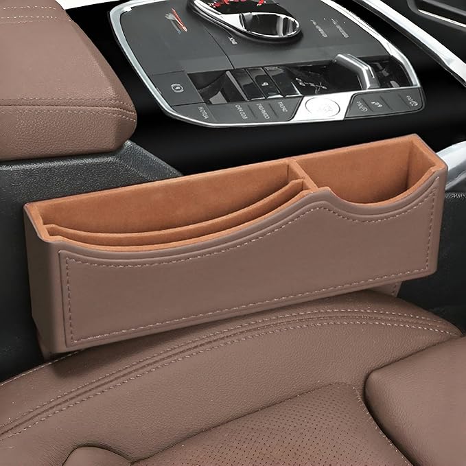Car Seat Gap Organizer Large Capacity Leather Storage Box with Charging Port Multi-Purpose Car Seat Crevice Storage Solution for Phones Wallets Cards Ideal for Car Organization (Modern, Brown-Right)