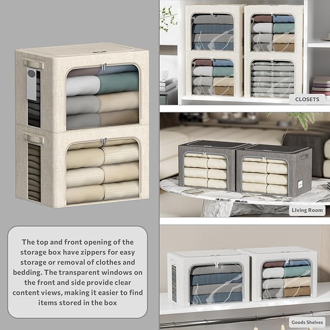 4 Pack Clothes Storage Bins with Metal Frame - 22L Stackable Storage Box with Lid，Foldable Storage Container Organizer for Cl