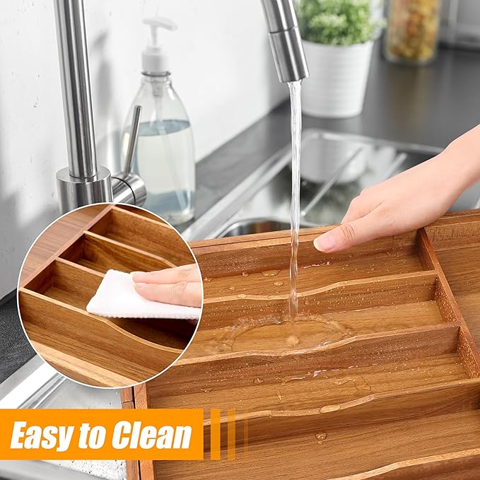 Bellsal Large Premium Acacia Wood Silverware Organizer - Expandable Utensil Drawer Organizer - 17"x19.6" Utensil Holder and C