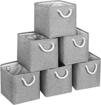 FinishingBo Large 11x11 Inch Cube Storage Bins with Cotton Handles for Closet, Shelves, Clothes, Towel (Gray-6 Pack)