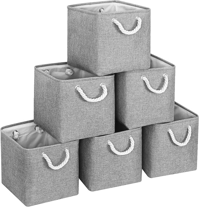FinishingBo Large 11x11 Inch Cube Storage Bins with Cotton Handles for Closet, Shelves, Clothes, Towel (Gray-6 Pack)