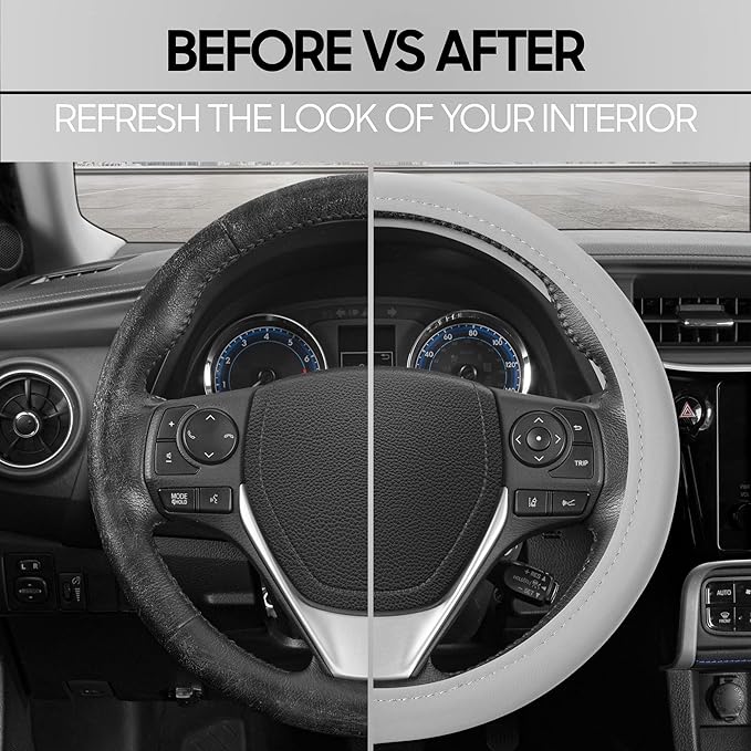 BDK Ultra Soft Gray Steering Wheel Cover, Unisex Car Accessories Non-Slip Comfy Soft Grip Faux Leather Auto Steering Wheel Cover for Cars Trucks Vans SUVs - Fits Standard 15" Inch Steering Wheels