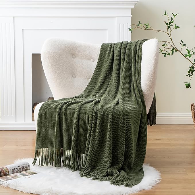BATTILO HOME Olive Green Throw Blanket for Couch, Soft Chenille Knit Throws with Tassels for Home Decor, Green Throws for Cou