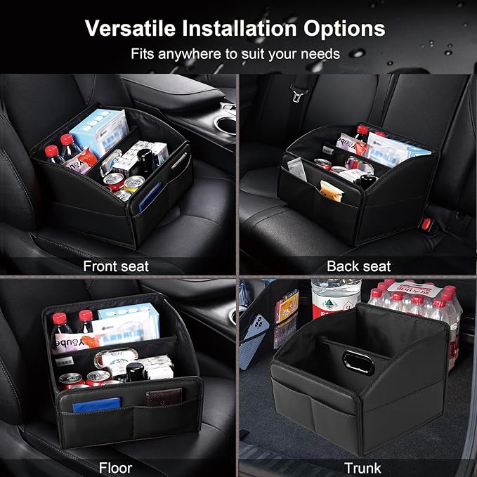 Car Storage Organizer [2025 UPDATED] Leather Car Caddy Basket for Front Seat Floor Back Seats Metal Handle 6 Compartments Adj
