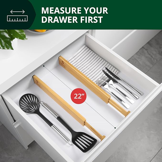 Bamboo Drawer Dividers Organizers, Adjustable Drawer Separator Splitters, 17–22 Inches Expandable Drawer Divider Organizer fo