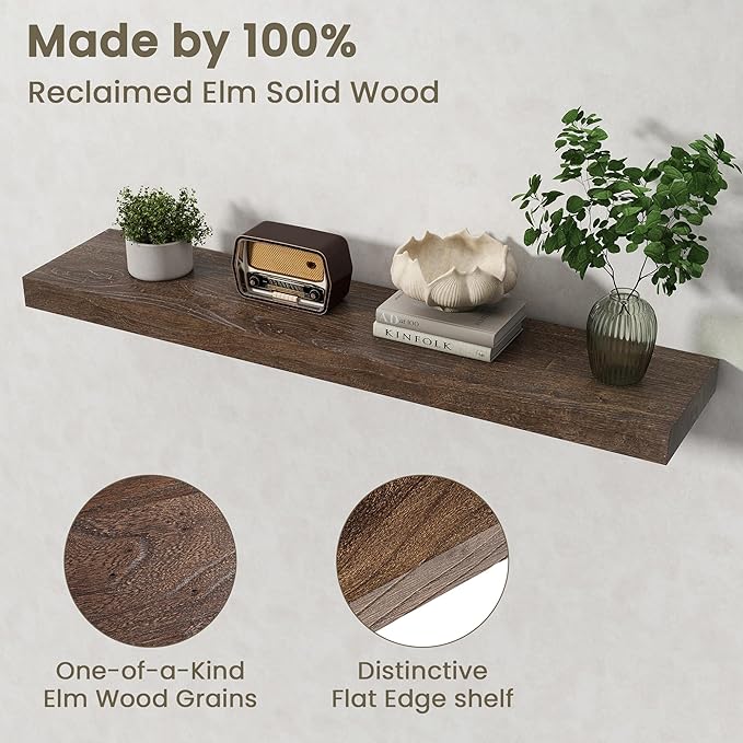 Fun Memories Solid Elm Wood Floating Shelves Set of 1-40 Inch Rustic Wall Shelves with Heavy-Duty Invisible Brackets - for Li