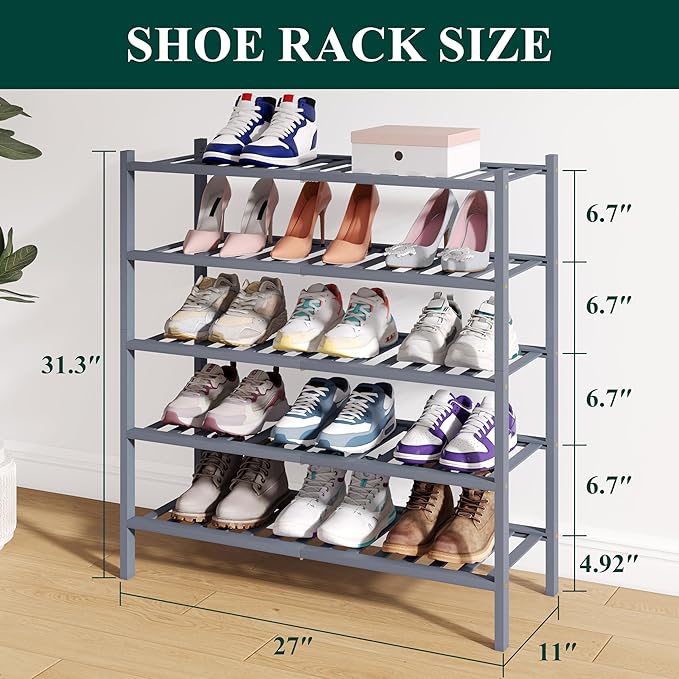 Smiry Bamboo Shoe Rack for Closet, 5 Tier Wooden Stackable Shoe Organizer, Free Standing Shoes Storage Shelf for Entryway, Fr