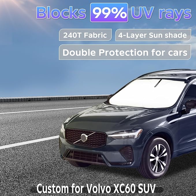 Sun Shade Sunshade for Volvo XC60 SUV 2018-2024 2025 2026 Windshield Cover, 4-Layers Sun Shield 250T Silver Coating Sun Visor Foldable Window Shade Blocks UV Rays Car Accessories