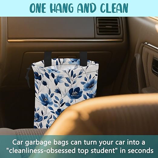 Car Trash Bag Watercolor Blue Flowers Leak-Proof Car Garbage Bag with Drawstring Foldable Canvas Trash Bin with Adjustable Buckle for Car Accessories