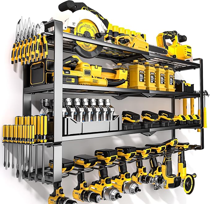 MOOMSINE Large Power Tool Organizer Wall Mount, 4-Tier Heavy Duty Metal Storage Rack Loads 400lbs, Battery Tools Hanger with 