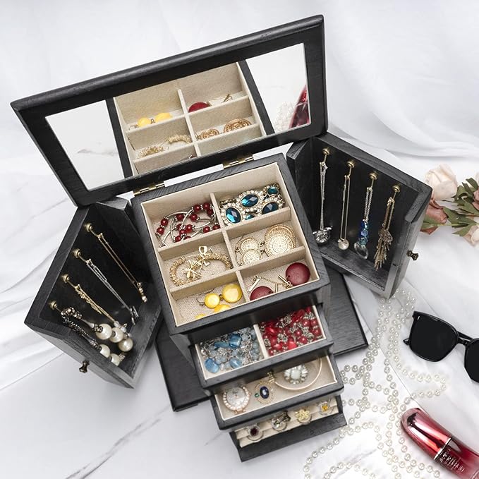 Emfogo Jewelry Box for Women, Rustic Wooden Jewelry Boxes & Organizers with Mirror, 4 Layer Jewelry Organizer Box Display for