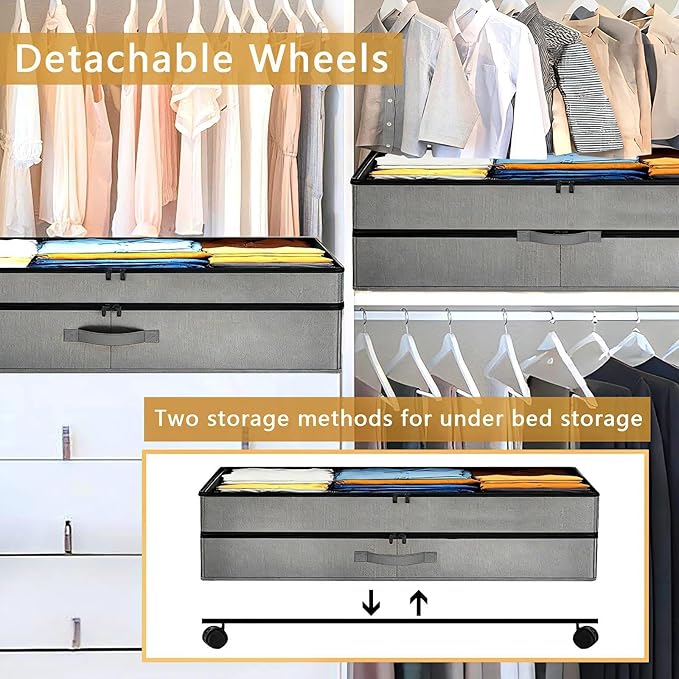 Under Bed Storage with Wheels, 2 Pack 75L Underbed Large Storage Bins with Lid, Adjustable Rolling Storage Containers for Clo