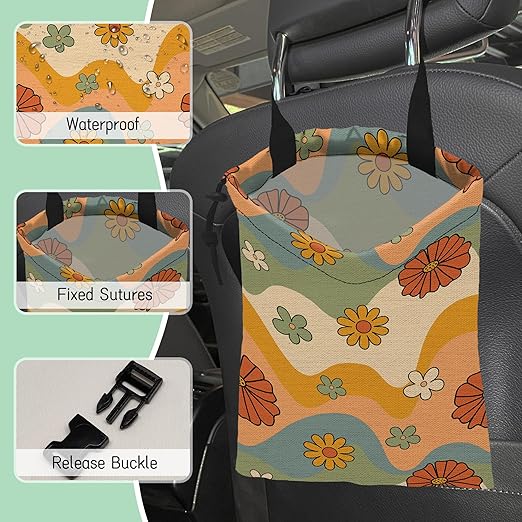 Groovy Floral Waves Car Garbage Bag,Waterproof Small Car Trash Bag Hanging Back of Seat,Drawstring Hanging Car Trash Bag with Adjustable Buckle for Car Accessories