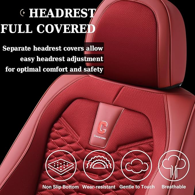 Coverado Car Seat Covers Full Set, Red Seat Covers for Cars 5 Seats, Breathable Fabric& Faux Leather Car Seat Cushions, Front