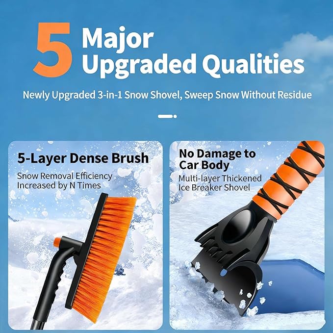 39" Extendable Snow Brush with Ice Scraper & Squeegee for Car Windshield,Rotating Auto Snow Brush with Foam Grip,Heavy Duty Car Snow Brush and Ice Scraper Combo for Truck SUV,Orange