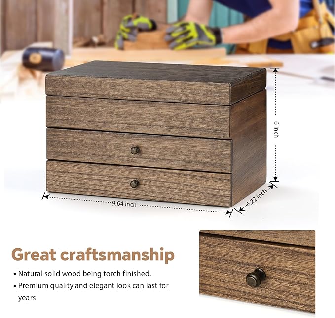Meangood Jewelry Box Organizer for Women, 3 Layer Large Jewelry Storage Case, Rustic Wooden Jewelry Box with Mirror & Ring Tr