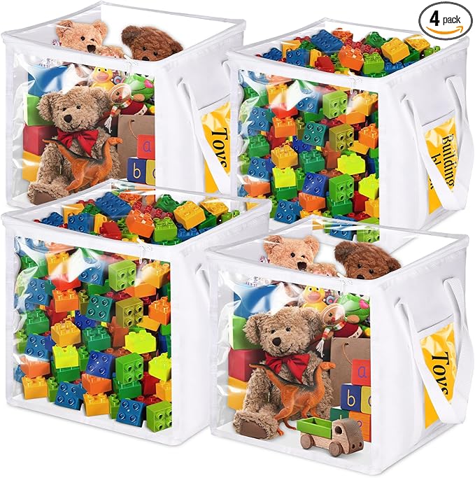 4 Pack Clear Toy Storage Bins with Lids - 12" x 12" Storage Cube Bins, Foldable PVC Boxes with Handles, Storage Organizers fo
