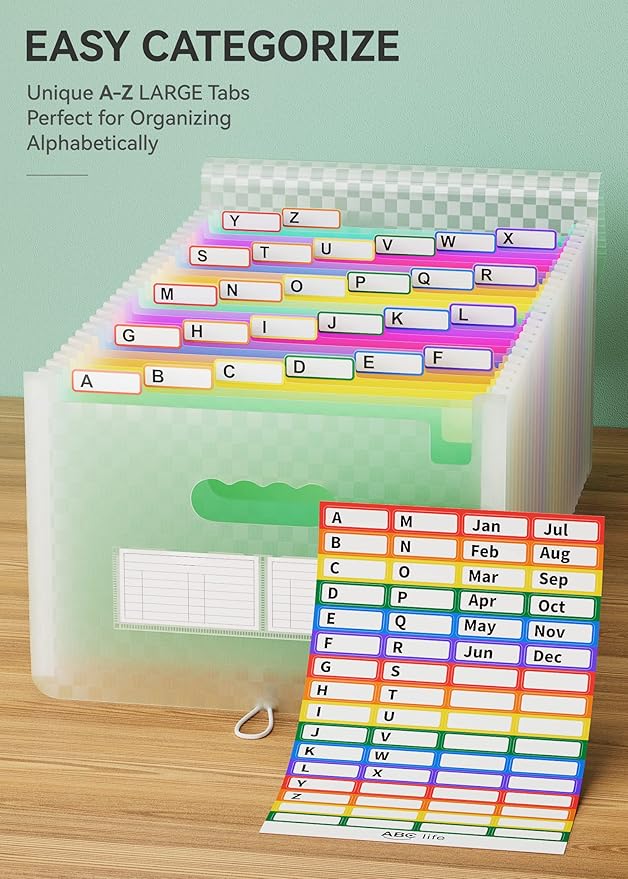 ABC life 26-Pocket Accordion File Organizer, Expandable Monthly Bill & Receipt Holder with Colored A-Z Tabs, Portable Folder 