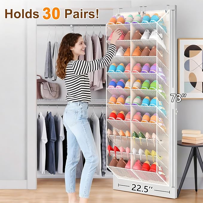 20-30 Pairs Over the Door Shoe Organizer, Breathable Mesh Pocket Hanging Shoe Storage for Closet, 10-Tier Door Shoes Rack, Ha