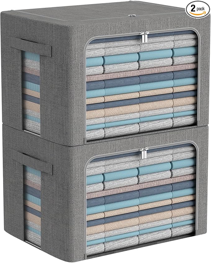 CYhom Clothes Storage Bins Box - Linen Fabric Foldable Stackable Container Organizer Set with Clear Window & Carry Handles & 
