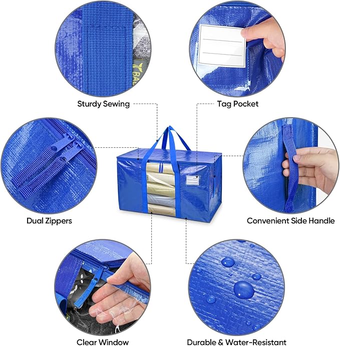 BALEINE 6-Pack Oversized Moving Bags with Reinforced Handles, Heavy-Duty Storage Tote Moving Supplies for Packaging, Camping 