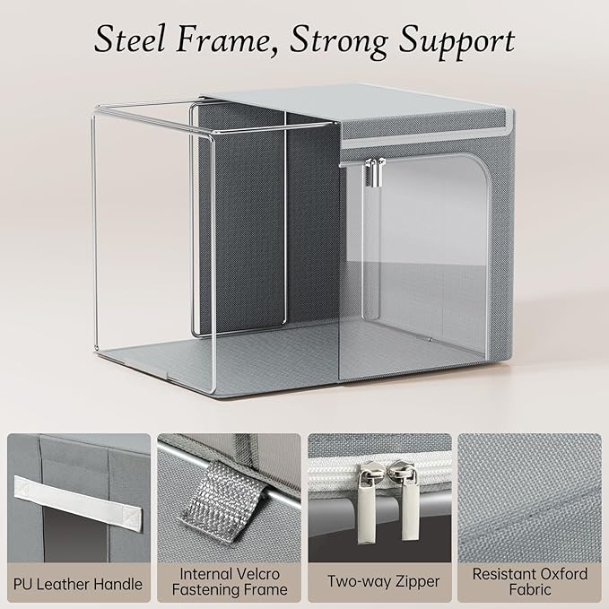Yecaye Large Clothes Storage Bins with Metal Frame, Foldable Clothing Storage Bin with Lid, Stackable Oxford Fabric Organizer