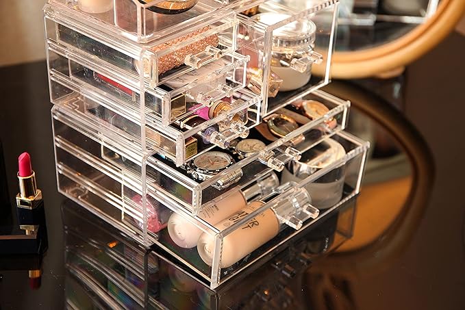 Cq acrylic 3 Pack Clear Makeup Organizer Countertop, Stackable 6 Drawers Skincare Organizer,Cute Skin Care Organizer for Vani
