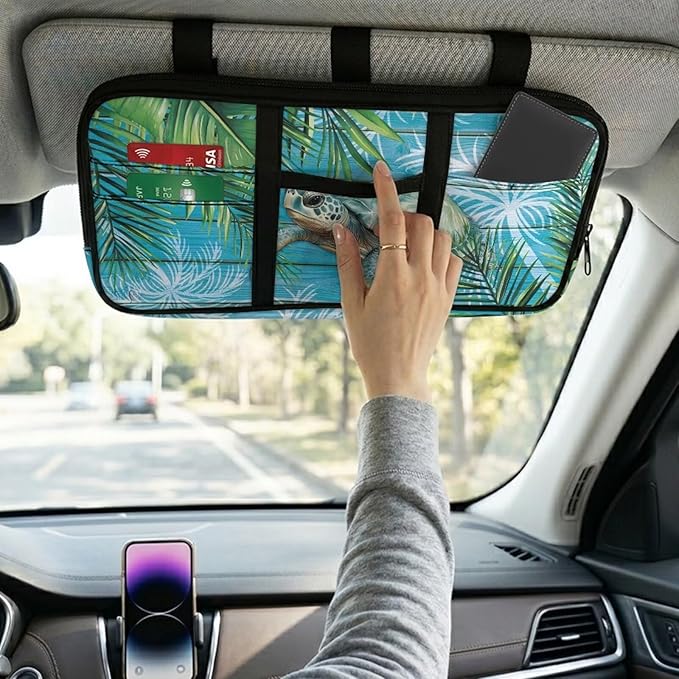 Cute Print Car Sun Visor Organizer Multi-Pocket Visor Storage Pouch Sunglasses Holder Sunvisor Storage Bag with Zipper Pockets,Adjustable Straps,Sea Turtle
