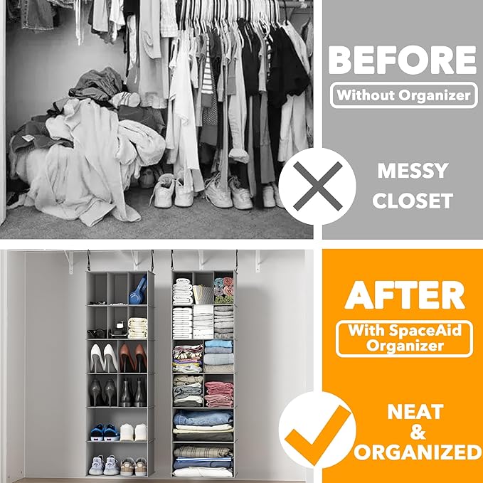 SpaceAid 2 Pack Hanging Closet Organizer and Storage with Dividers, 24 Compartments Hanging Shoe Shelves for Closet, Wardrobe