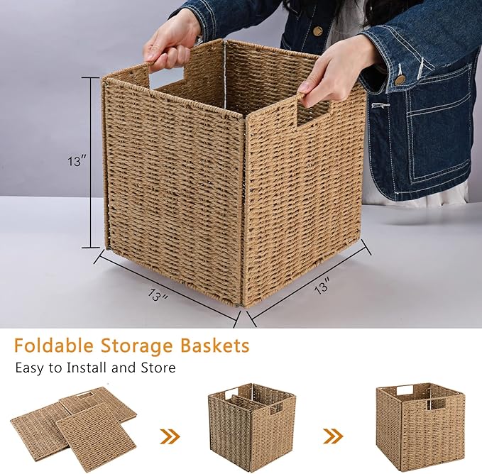 Vagusicc Wicker Baskets, Set of 2 Hand-Woven Storage Baskets for Shelves with Handles, Foldable Cube Wicker Storage Basket Bi