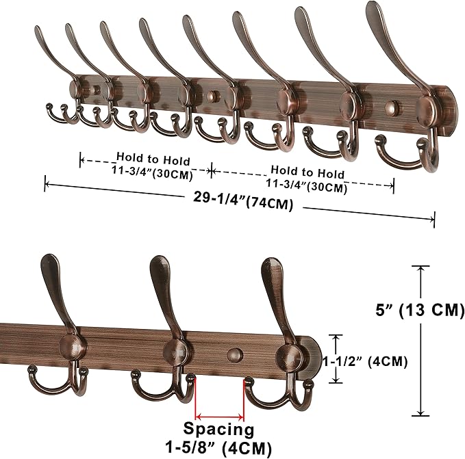 Dseap Coat Rack Wall Mount - 29.5” Long 8-Tri-Hooks Heavy Duty Coat Hanger Rail Wall Hooks for Hanging Coats Hats Clothing Cl
