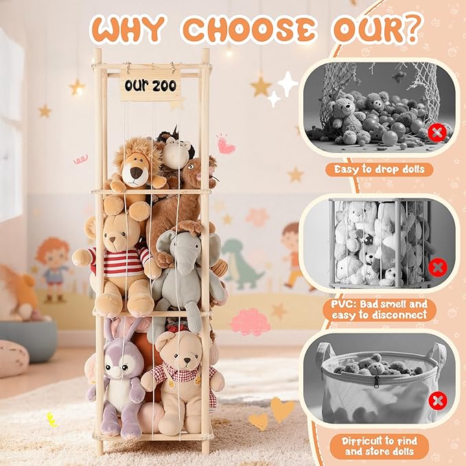 LAMU Stuffed Animal Storage, Wooden Zoo Stuffed Animal Holder with Elastic Cords, Space Save Toy Organizer, Extra Large Capac