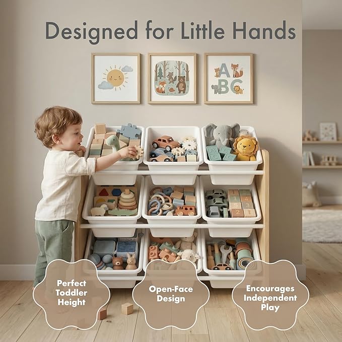 Humble Crew 9-Bin Toy Organizer – Journey Natural Wood with White Plastic Bins, 3-Tier Storage Solution for Kids' Playrooms a