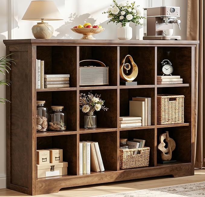 Aheaplus Wooden 12-Cube Storage Organizer with Charging Ports, Modern Cube Bookcase with Base, 4-Tier Floor Standing Open Cub