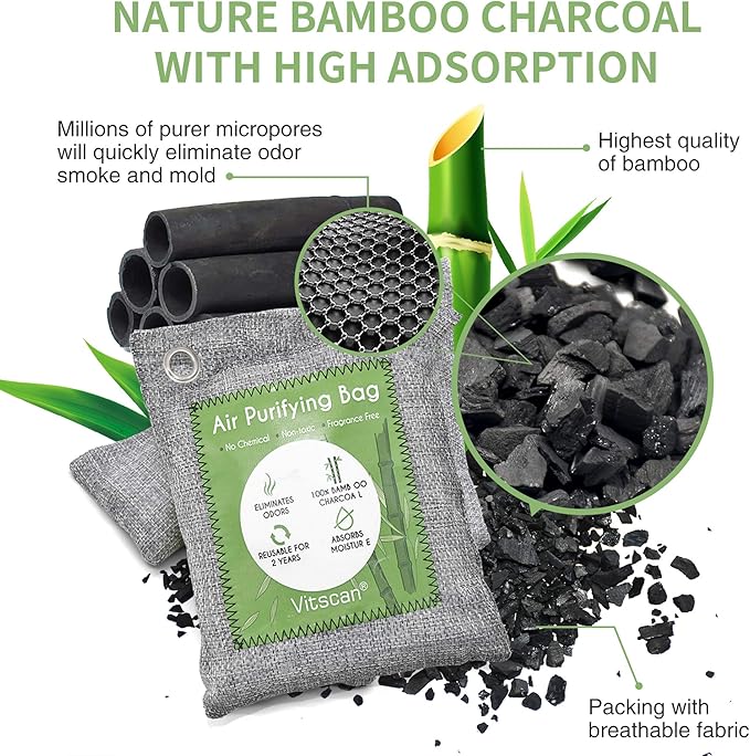 8 Pack Bamboo Charcoal Air Purifying Bag, Activated Charcoal Bags Odor Absorber, Moisture Absorber, Natural Car Air