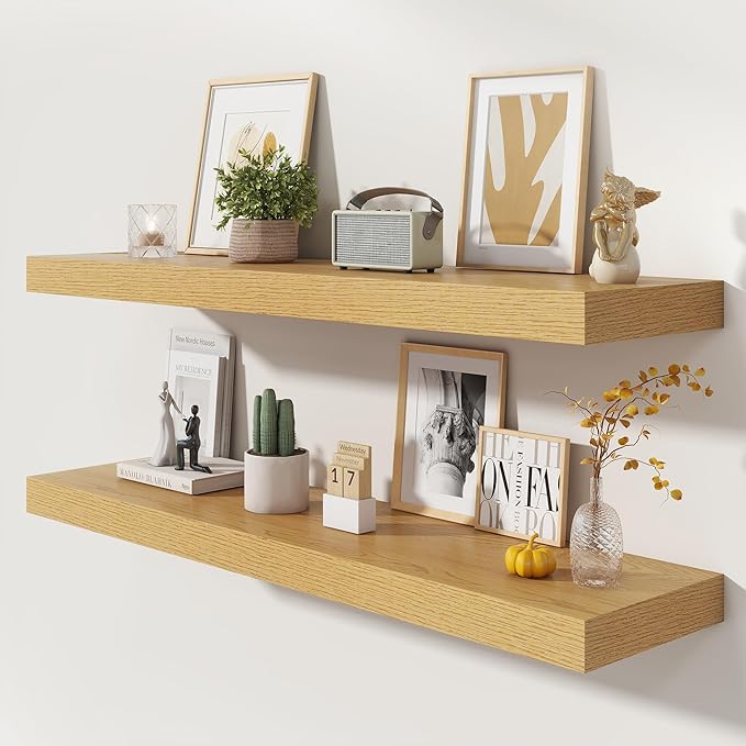 48 Inch Floating Shelves | 12 Inch Deep Oak Floating Shelves Set of 2 | 48" W x 12" D Oak Wall Shelves for Bathroom Living Ro