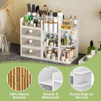 Large Makeup Organizer Countertop With Brush Holder Drawer For Vanity,Bamboo Bathroom Counter Organizers And Storage,Cosmetic