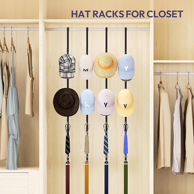 SWTYMIKI Over Door Hat Rack - 4 Packs Metal Hanging Hat Organizer with 16 Hooks Design, Baseball Cap Hanger Organizer Storage