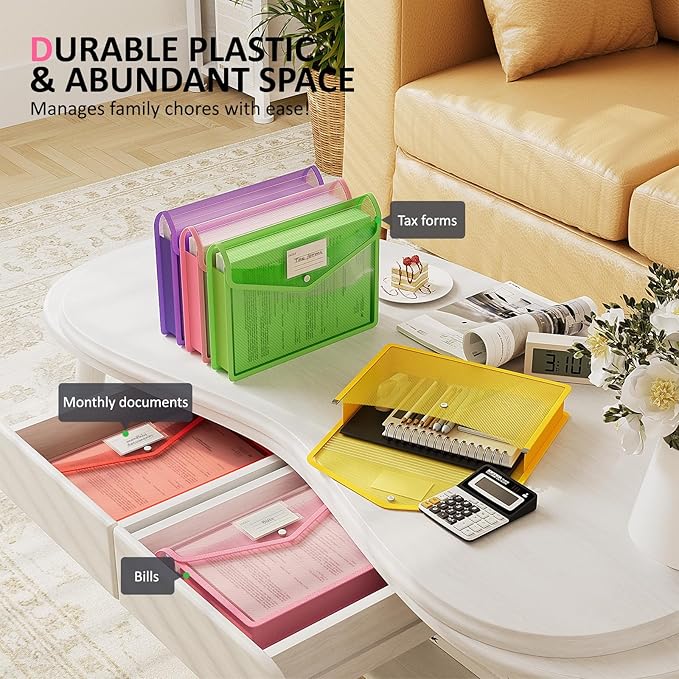 ThinkTex Plastic Expanding File Folders, Transparent Envelopes with Snap Closure, Suitable for Home, Office, School, Large Ca