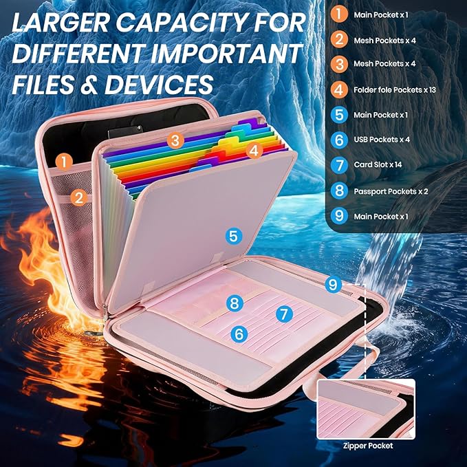 Fireproof Document Box, Hard Case Fireproof File Organizer Box with Lock and 13 Pocket Accordion File Folder, Portable Safe B