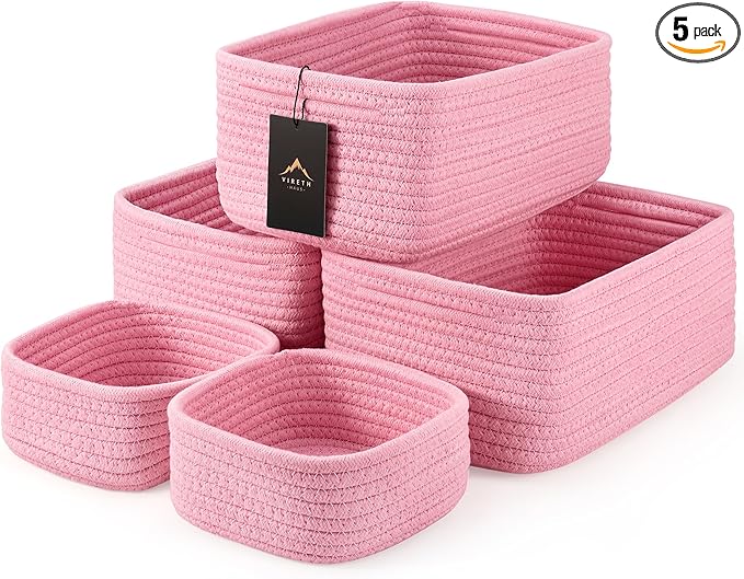 5-Pack Small Woven Rope Storage Baskets – 2 Sizes Organizer Bins for Closet, Shelf, Bookshelf, Nursery, Changing Table, Fabri