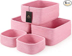 5-Pack Small Woven Rope Storage Baskets – 2 Sizes Organizer Bins for Closet, Shelf, Bookshelf, Nursery, Changing Table, Fabri