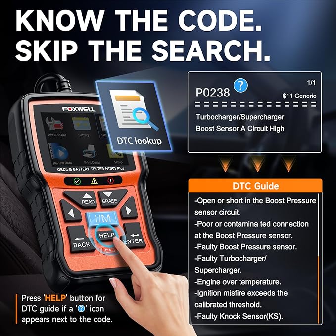 Upgraded of NT301, FOXWELL NT301 Plus 2-in-1 OBD2 Scanner Car Battery Tester, Professional Code Reader Check Engine Diagnostic