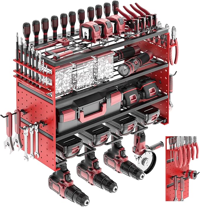 Power Tool Organizer Wall Mount, Cordless Drill Hanger Storage Rack 8 Drill Holder, 4 Layer Heavy Metal Large Capacity Tool R