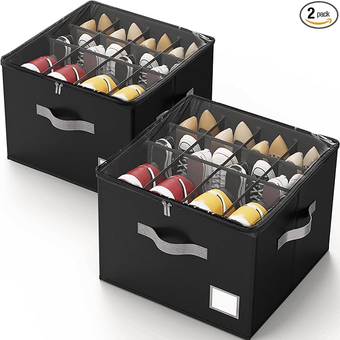 Criusia Shoe Organizer for Closet, Foldable Shoe Storage Organizer with Clear Cover and Sturdy Handles, Fit 12-16 Pairs, Clos