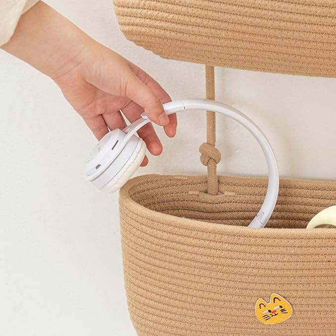 TeoKJ Over the Door Hanging Basket, 3-Tier Woven Cotton Wall-Mounted Storage Organizer Bag Decorative Hanging Nursery Baskets