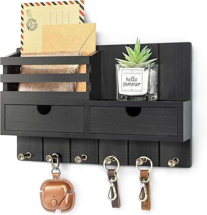 Rebee Vision Decorative Key Holder Wall Mount with 2 Drawer Organizer - Modern Mail Organizer with 6 Key Hooks & Shelf - Home