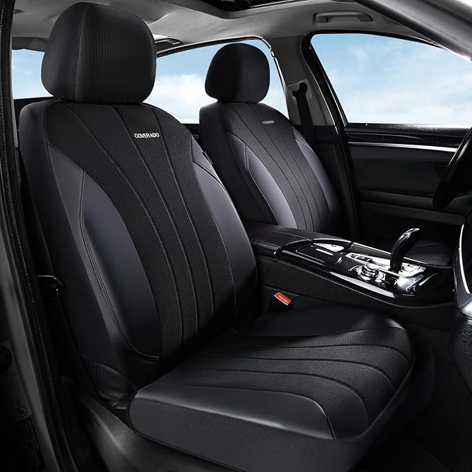 Coverado Car Seat Covers Full Set, Automotive Seat Covers 5-piece, Leather Car Protectors 5 Seats, Black Auto Seat Covers Spi